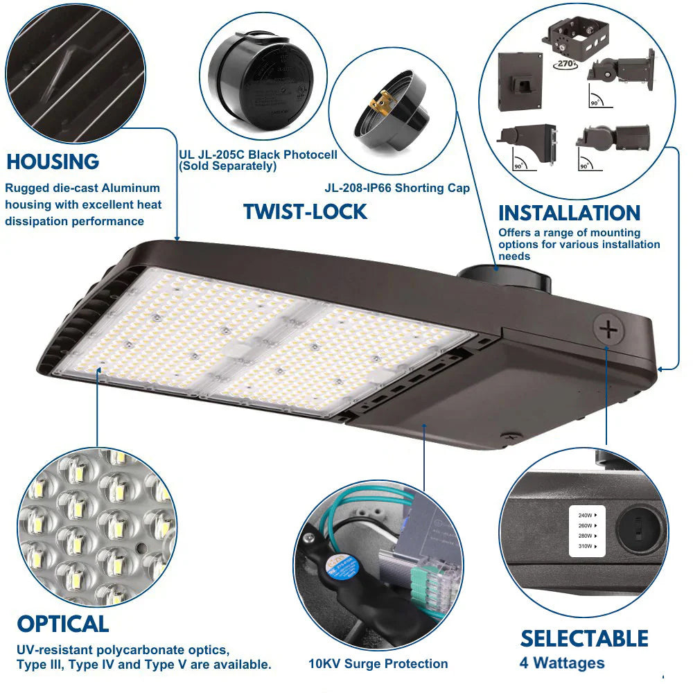 Konlite Vela wattage selectable 310W 5000K led parking lot light product details