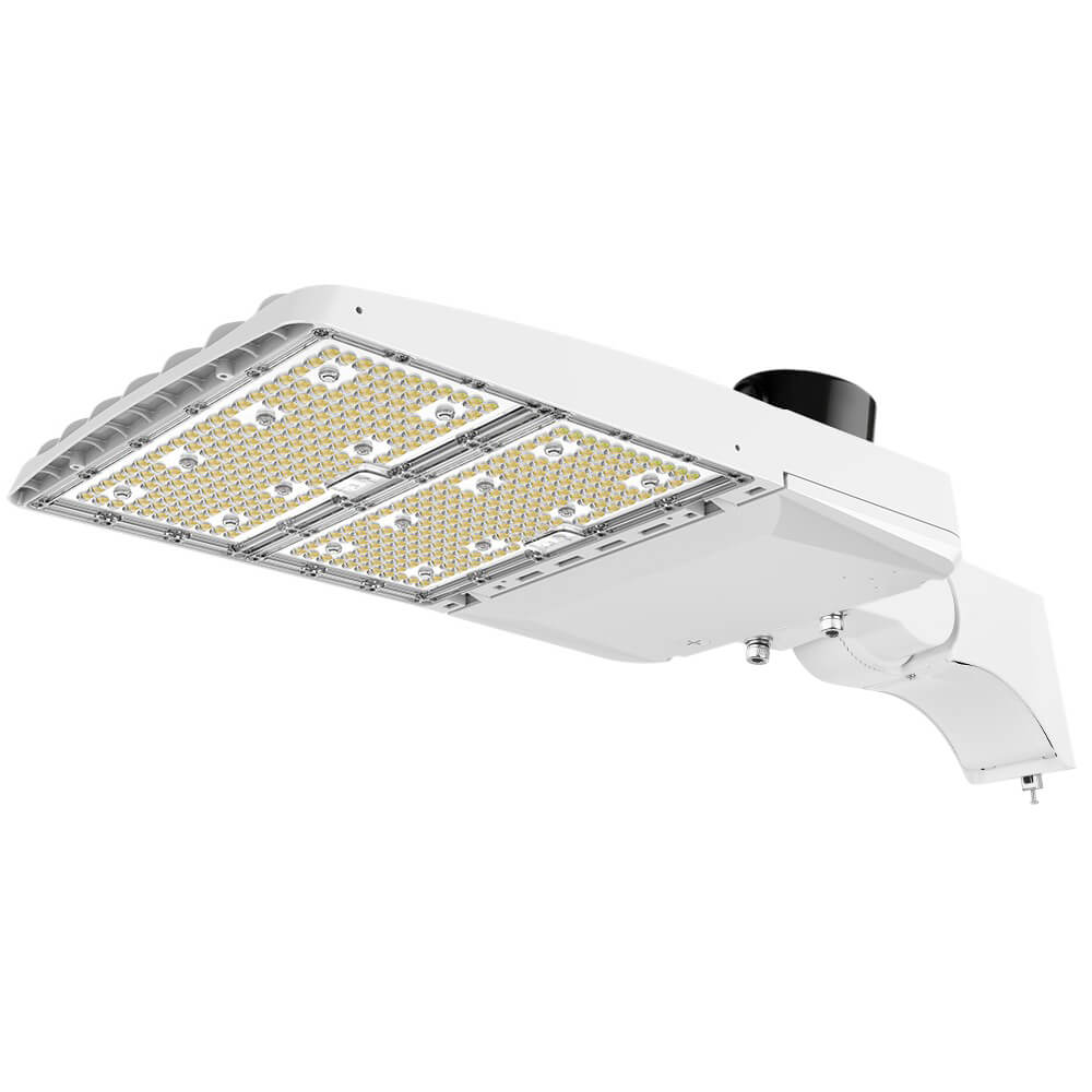 Konlite Vela III 310W LED White Parking Lot Light with extrusion arm and photocell