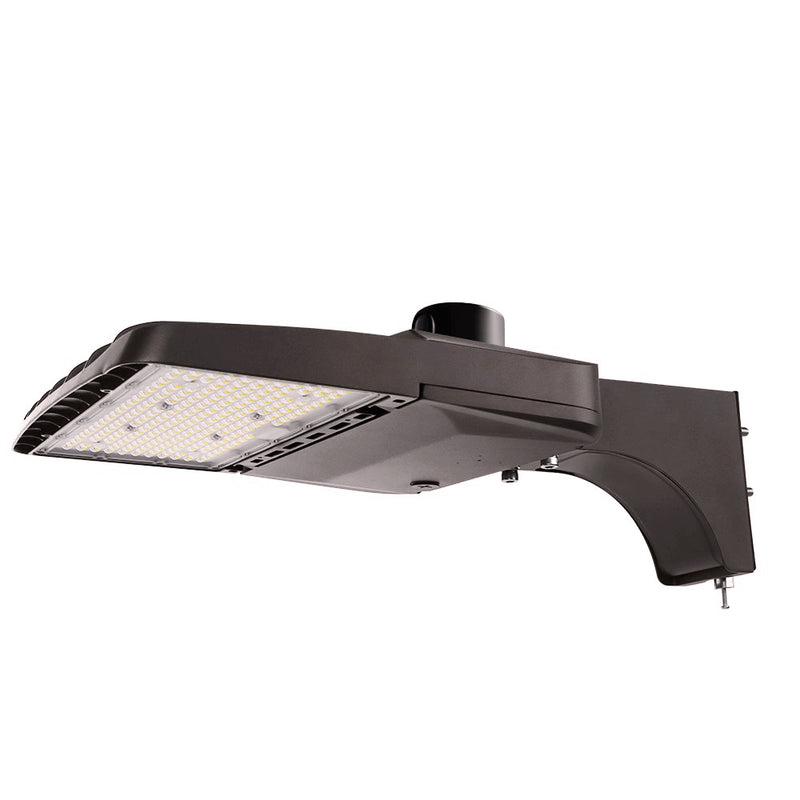 Type 4 Wattage selectable Vela LED Area light with pole arm and dusk to dawn photocell