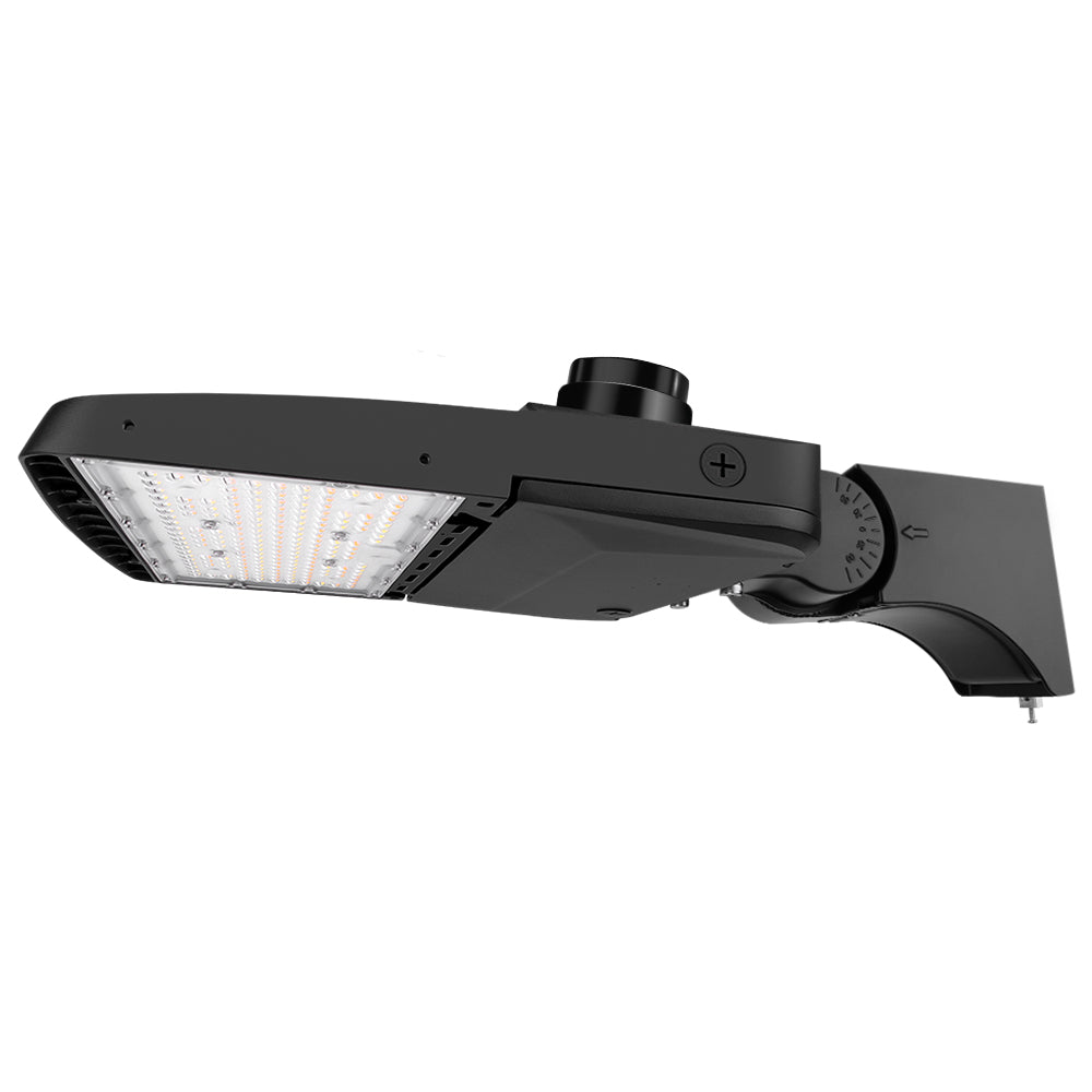 Konlite Vela I LED Black Parking Lot Light with extrusion arm