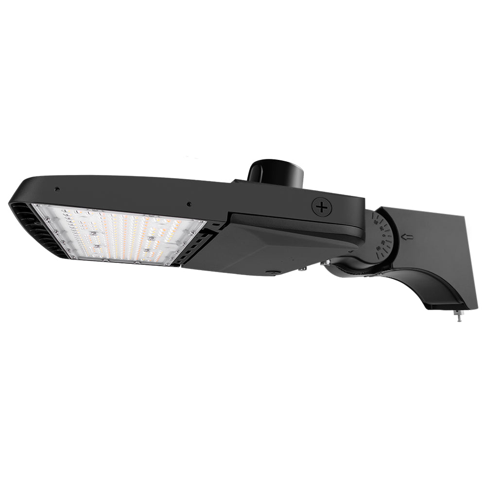 Konlite Vela I LED Black Parking Lot Light with extrusion arm and photocell