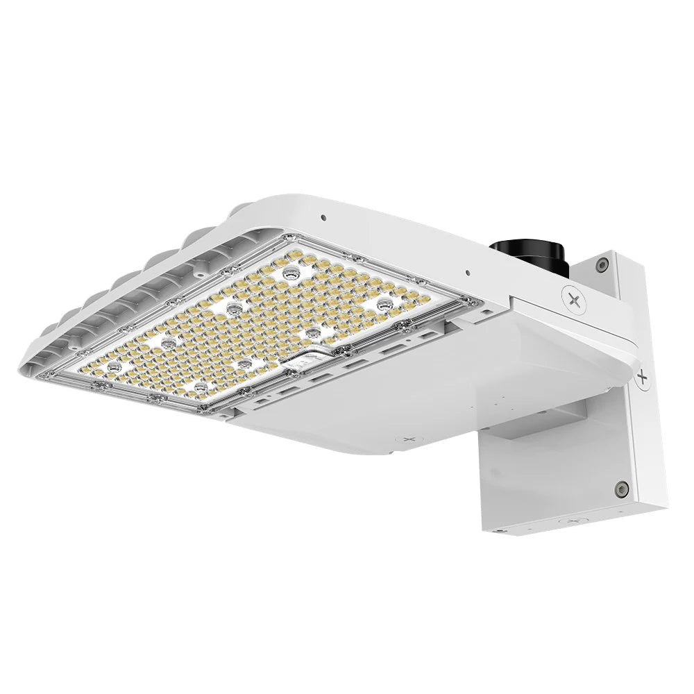 Konlite Vela I LED White Parking Lot Light with wall mount arm