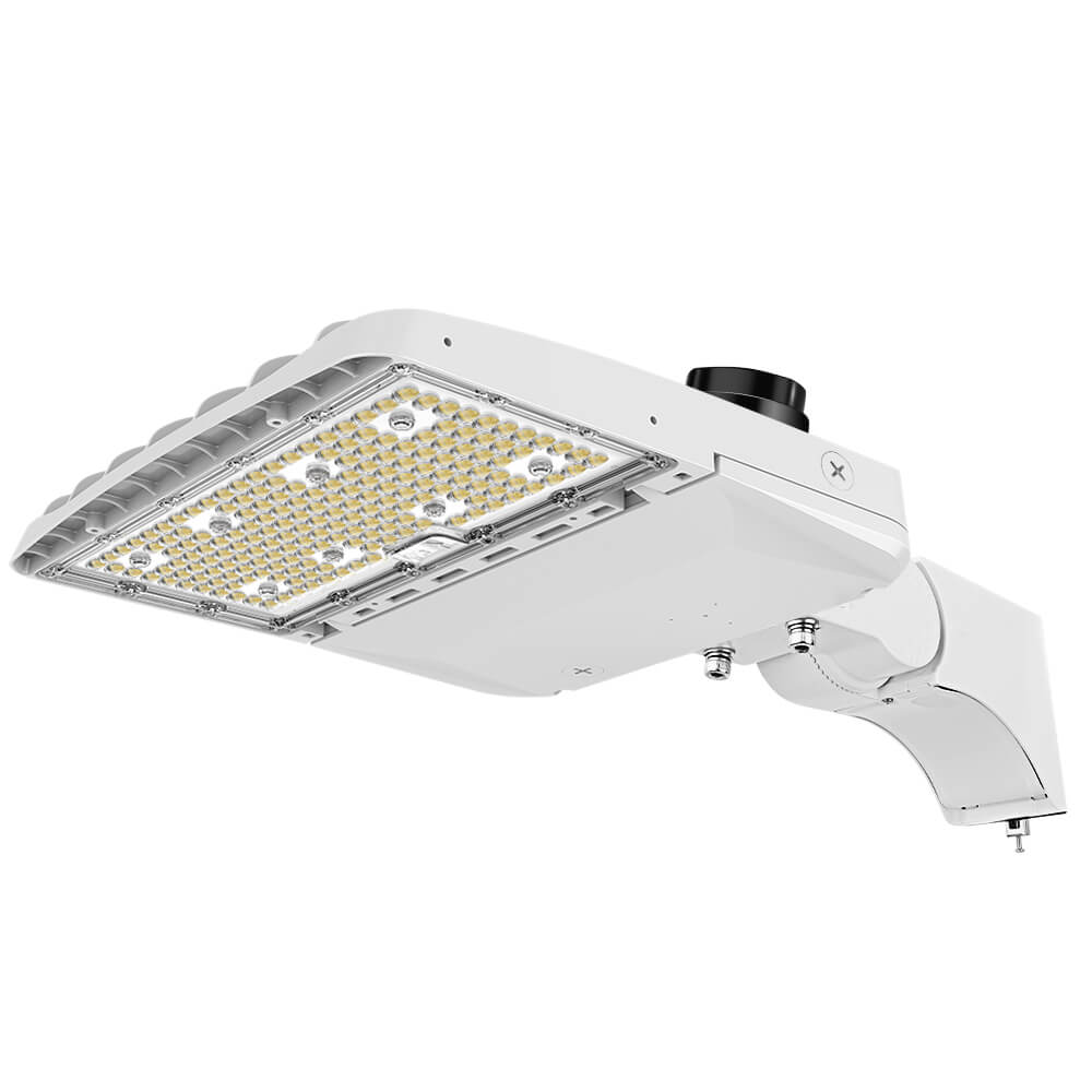 While VELA II Parking Lot light with pole mount arm