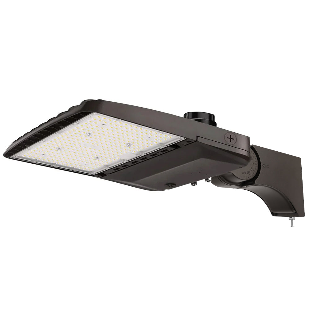 Konlite Vela wattage selectable led parking lot light with pole mount arm