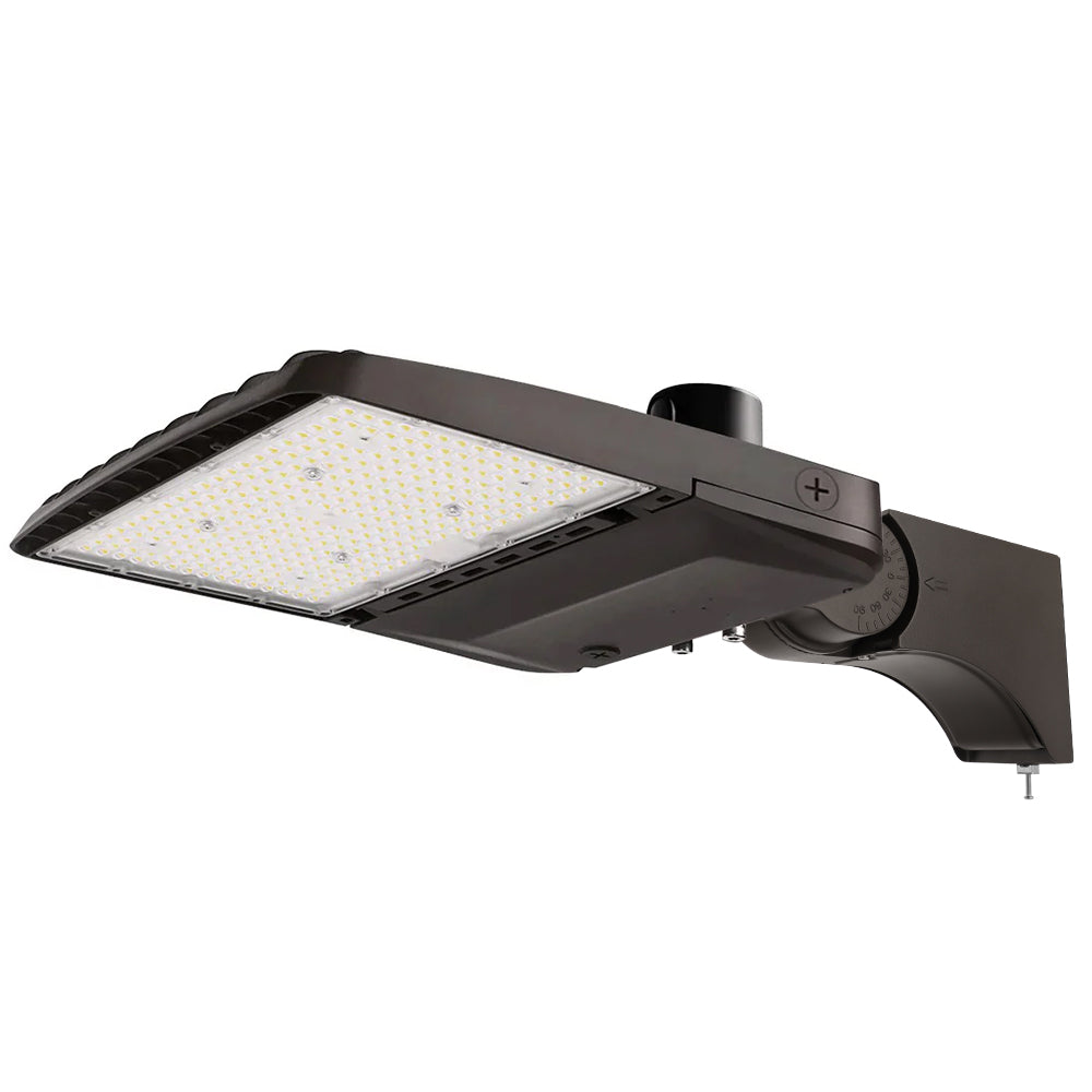 Konlite Vela wattage selectable led parking lot light with pole mount arm and photocell