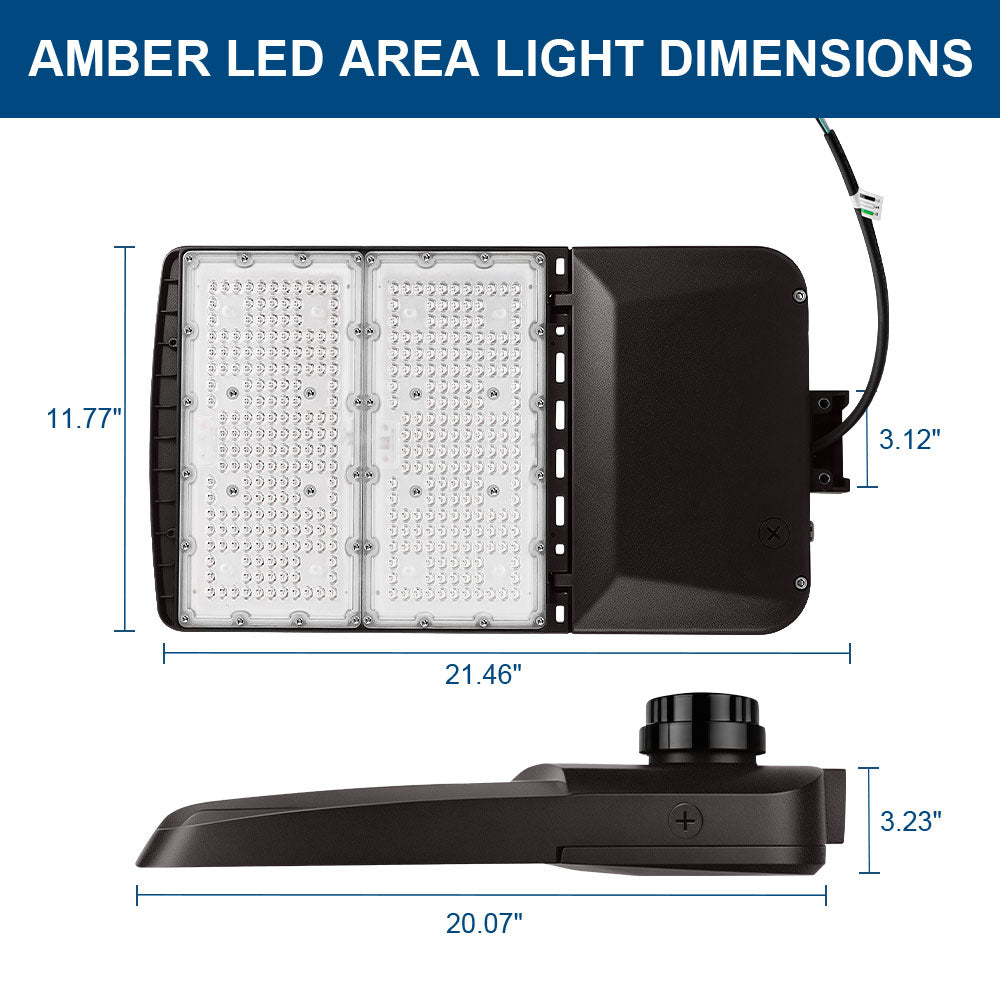 Side and bottom view of the Vela Amber LED Area Light with labeled dimensions.