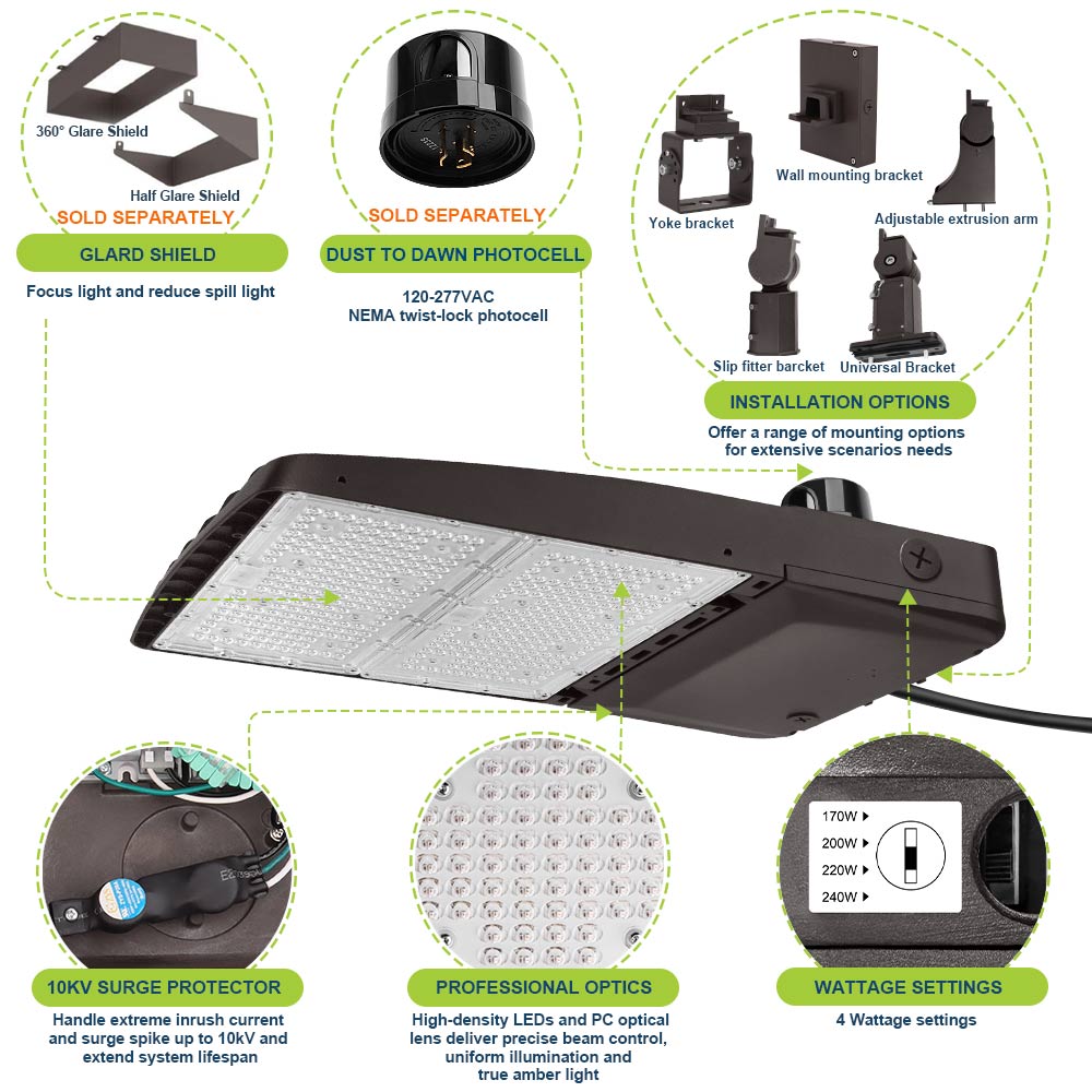 Highlighted features of the Vela Amber LED Turtle Friendly Area Light.