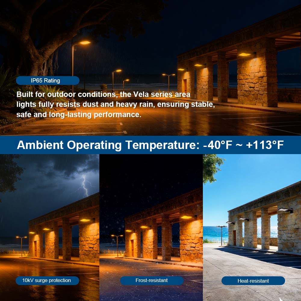 Konlite Vela Turtle Friendly Amber LED Area lights in various outdoor conditions with highlighted weather-resistant features.
