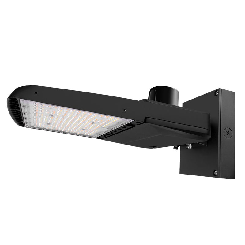 Konlite Vela wattage selectable led parking lot light with wall mount arm and photocell