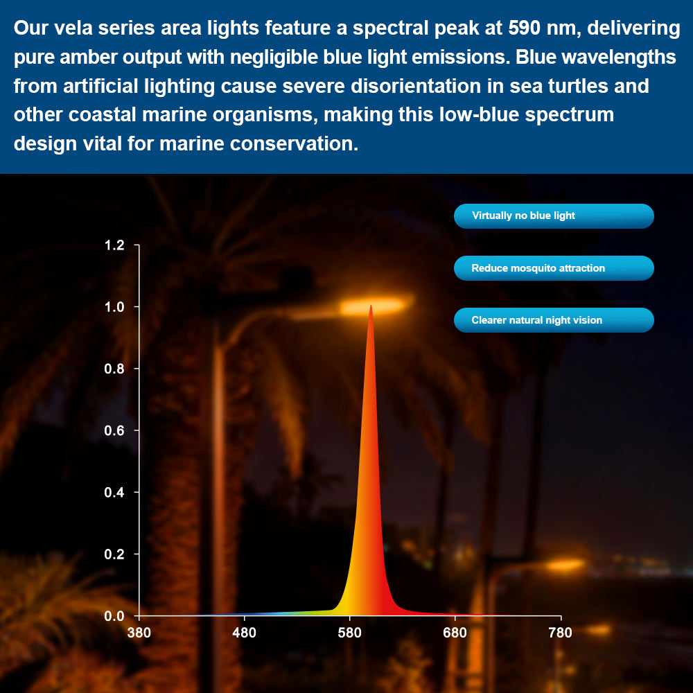 Graph of light emissions for different wavelengths showing the true amber 590nm LED light and explanation of benefits