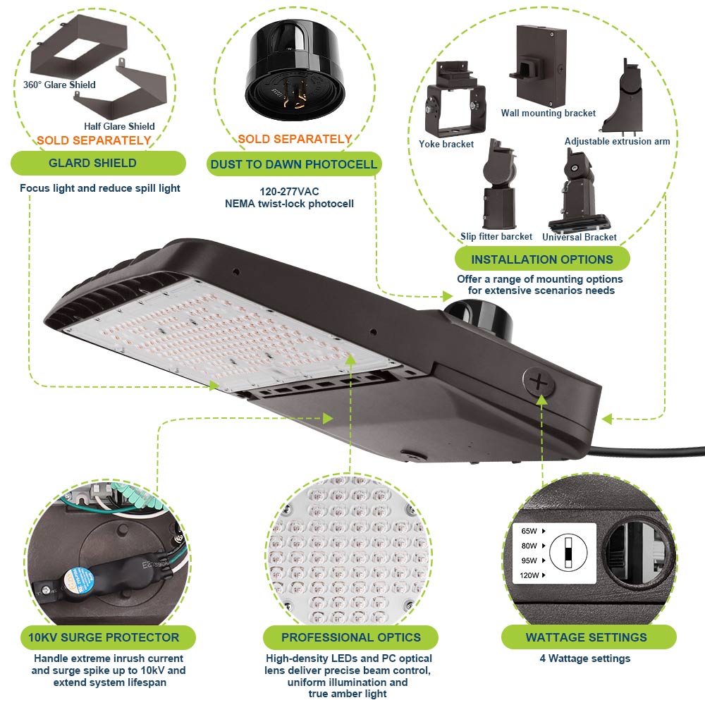 Highlighted features of the Vela Amber LED Turtle Friendly Area Light.