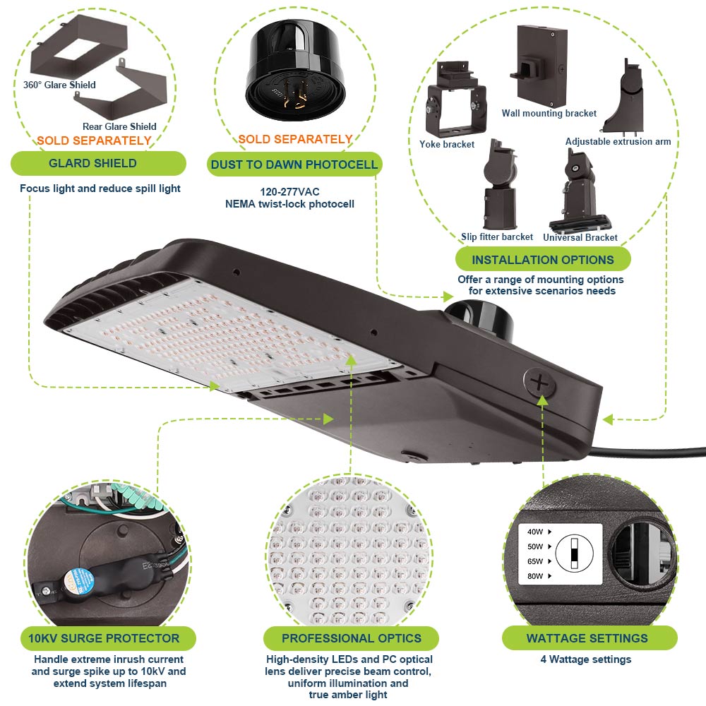 Highlighted features of the Vela Amber LED Turtle Friendly Area Light.