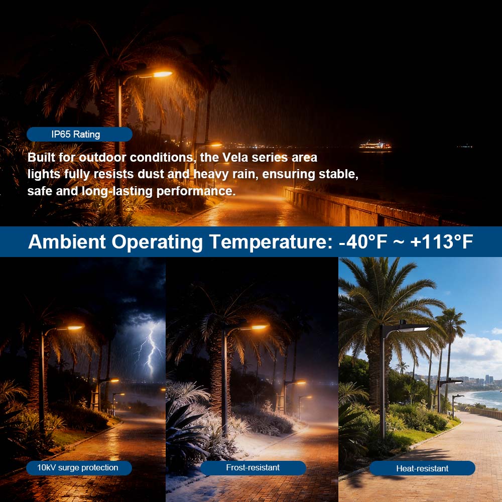 Konlite Vela Turtle Friendly Amber LED Area lights in various outdoor conditions with highlighted weather-resistant features.