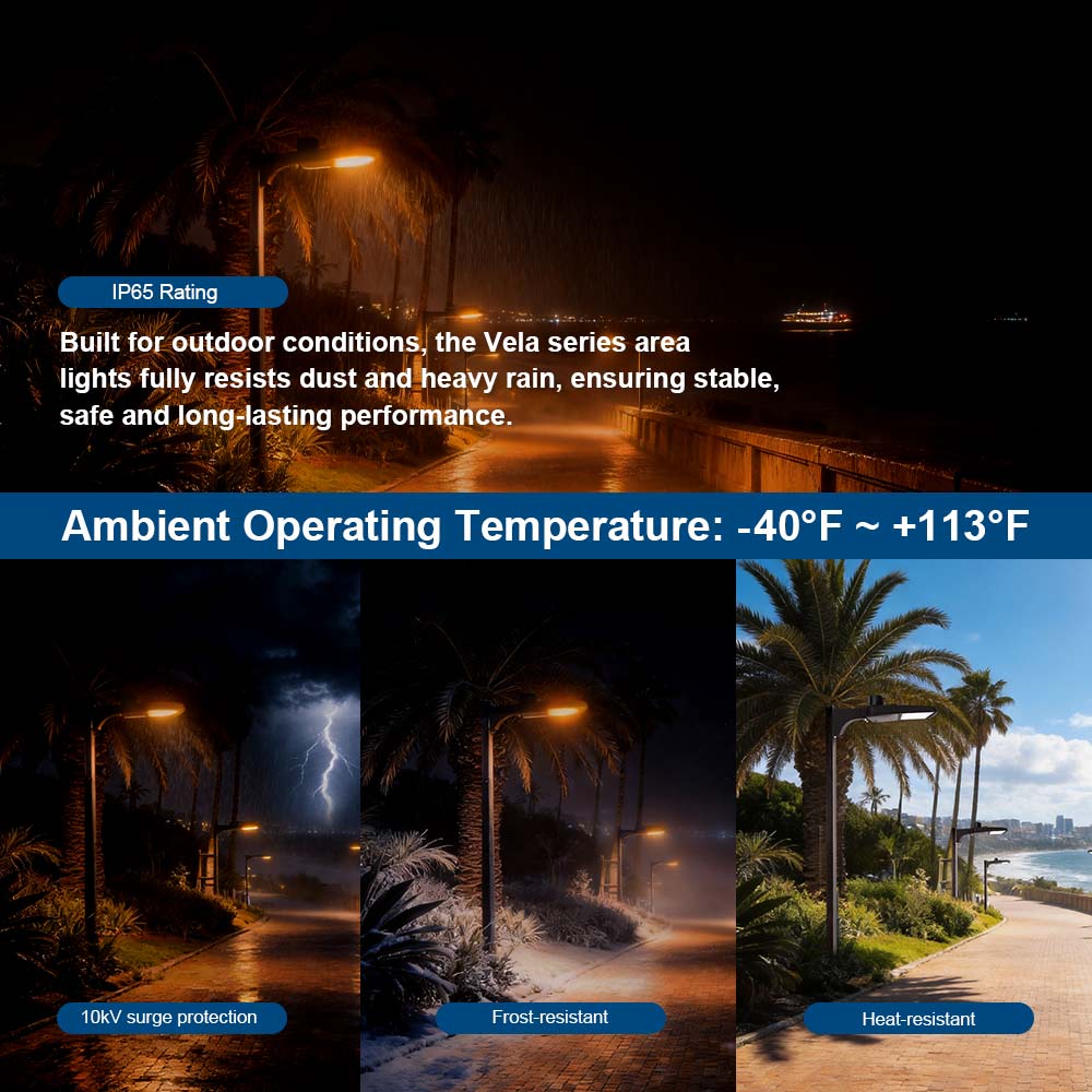 Konlite Vela Turtle Friendly Amber LED Area lights in various outdoor conditions with highlighted weather-resistant features.