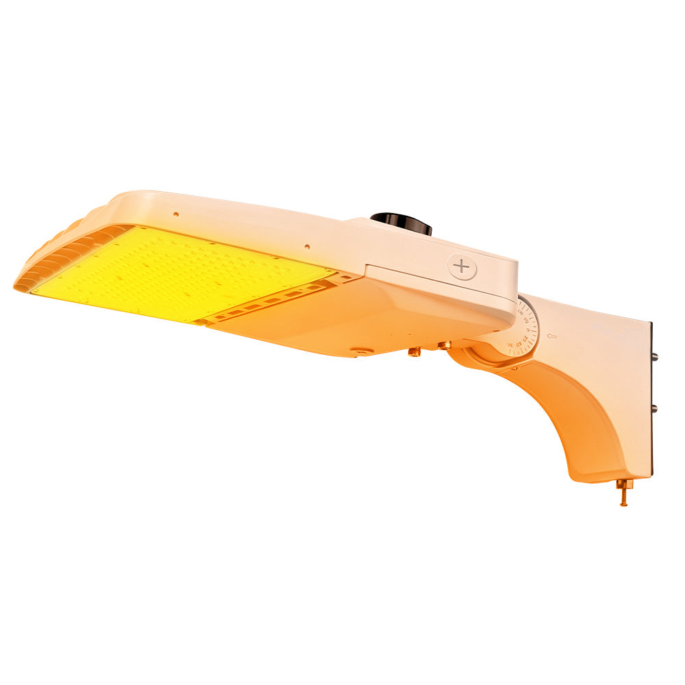 Vela Amber LED Area Light in white with extrusion arm and shorting cap