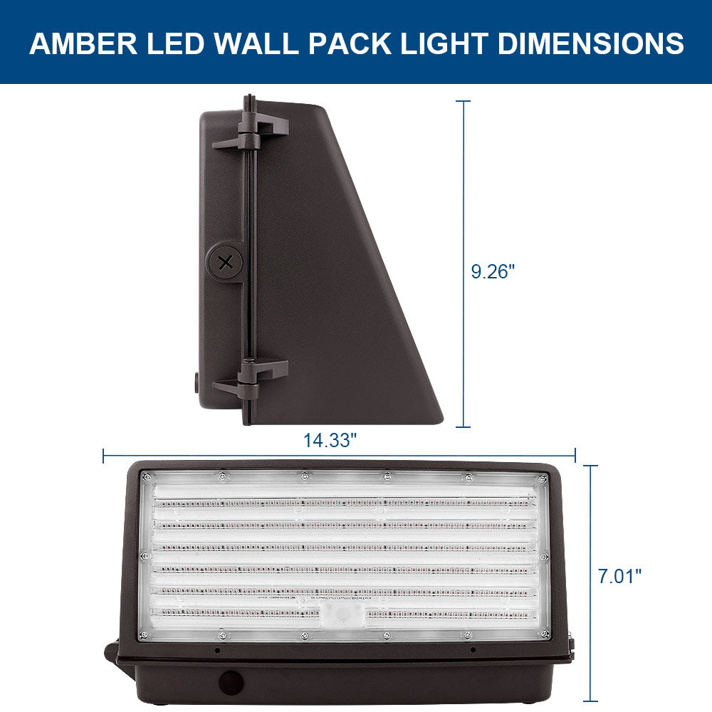 Side and bottom view of Konlite KWPD Turtle Friendly Amber LED Full Cutoff Wall Pack Light with labeled dimensions.