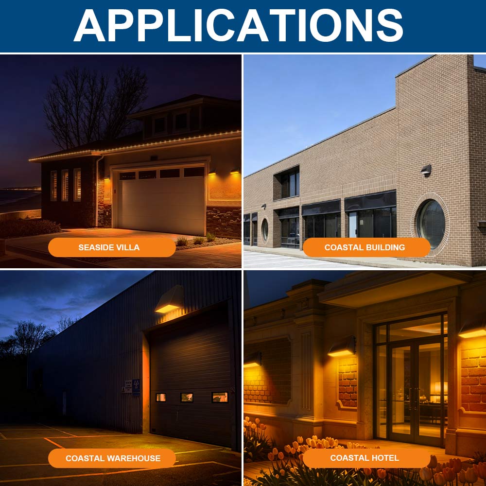 Konlite KWPD Turtle Friendly Amber LED Full Cutoff Wall Pack installed in various applications.