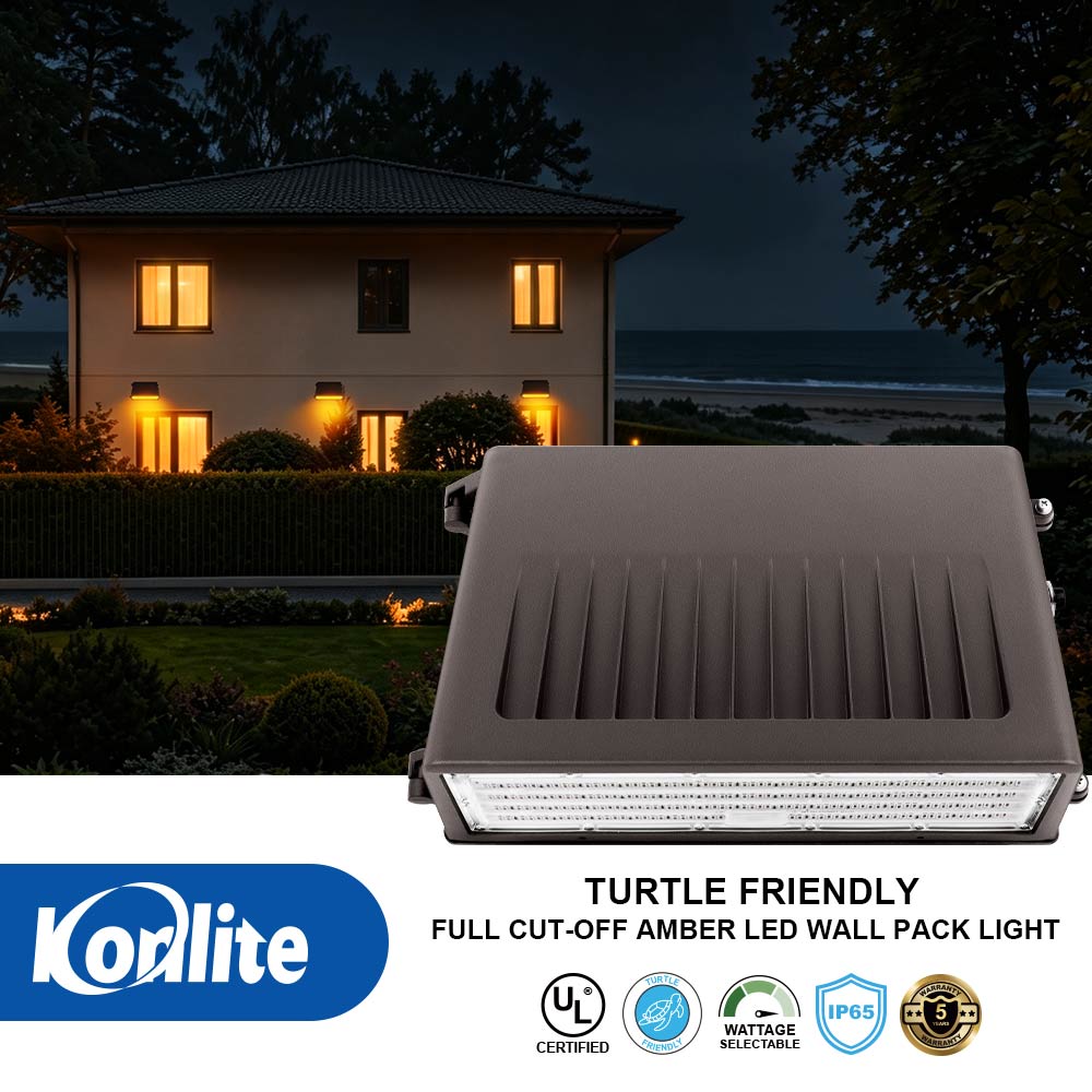 The features and certifications for the KWPD series Turtle Friendly Amber LED Wall Pack Lights.