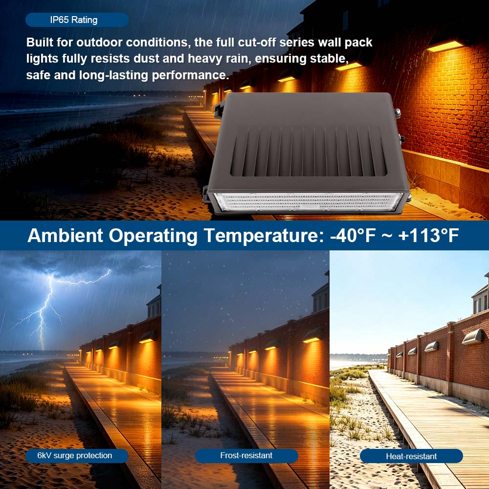 Weather-resistant design features for Konlite KWPD Turtle Friendly Amber LED Full Cutoff Wall Pack Light, including IP65 rating, 6kV surge protection, frost-resistance, and heat-resistance.