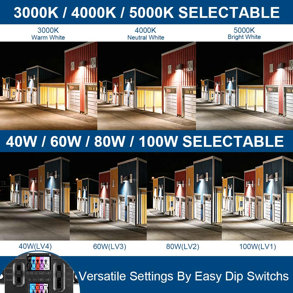 Comparison of LED Wall pack Lights light output at different color temperatures and wattages on a storage unit.
