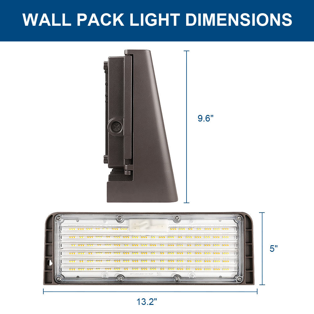 Wall pack light with dimensions labeled on a white background