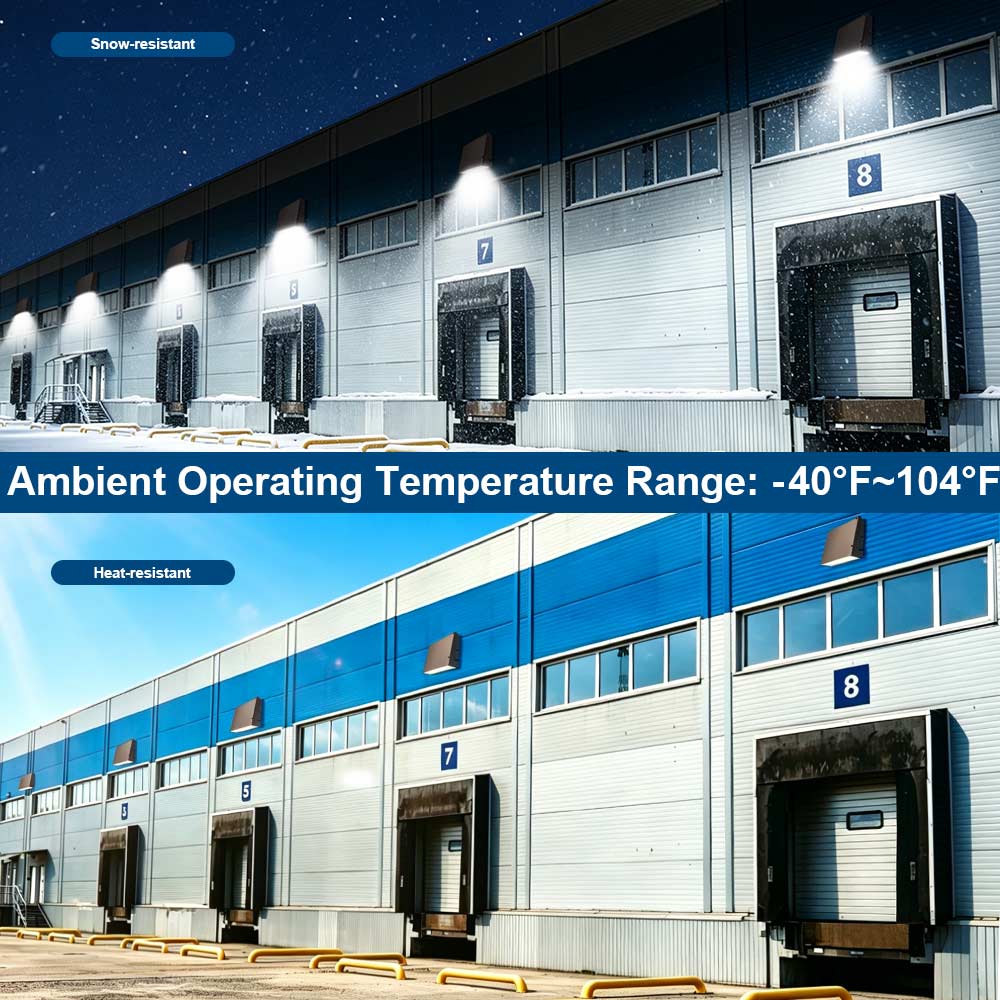 Industrial building with large doors and text about temperature range