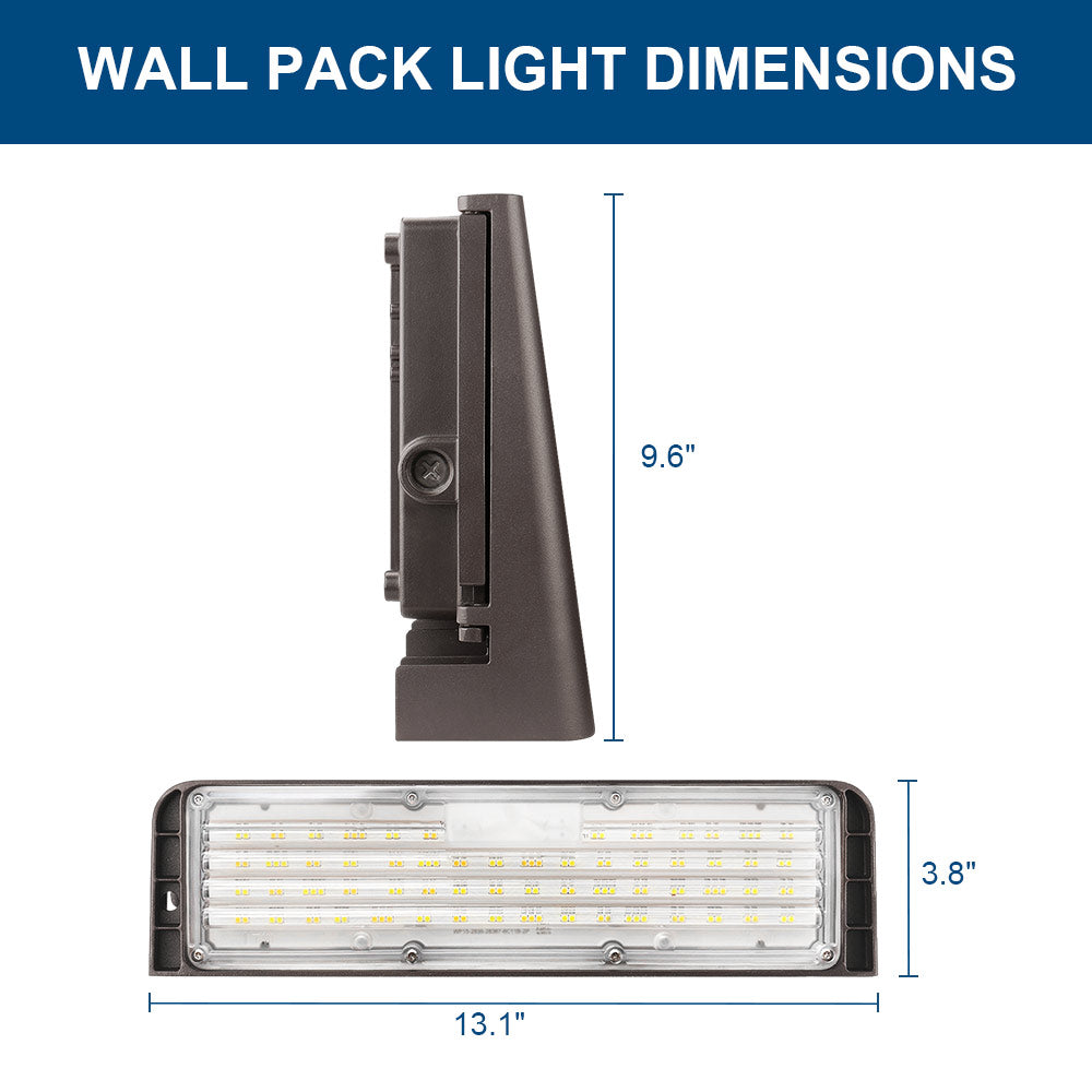 Wall pack light dimensions with measurements on a white background