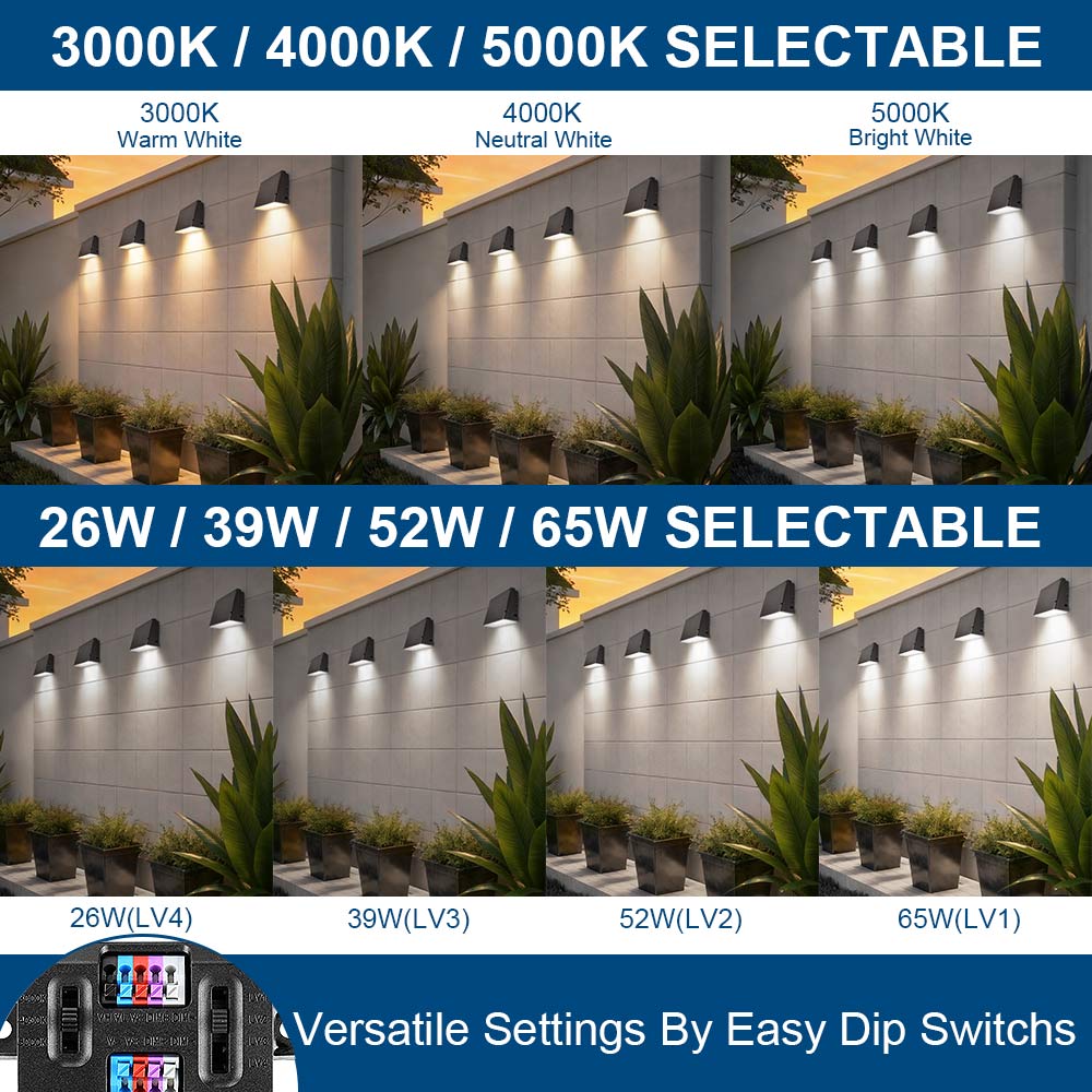 Konlite LED Wall Pack lighting fixtures with selectable color temperatures and wattages