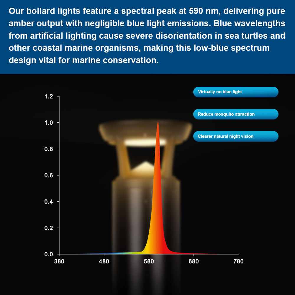 Graph of light emissions for different wavelengths showing the true amber 590nm LED light and explanation of benefits