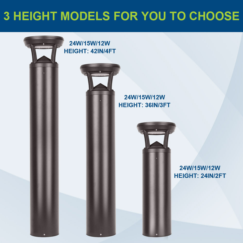 Side-by-side comparison of available height model options for Konlite Atria Turtle Friendly LED Dark Bronze Bollard Light