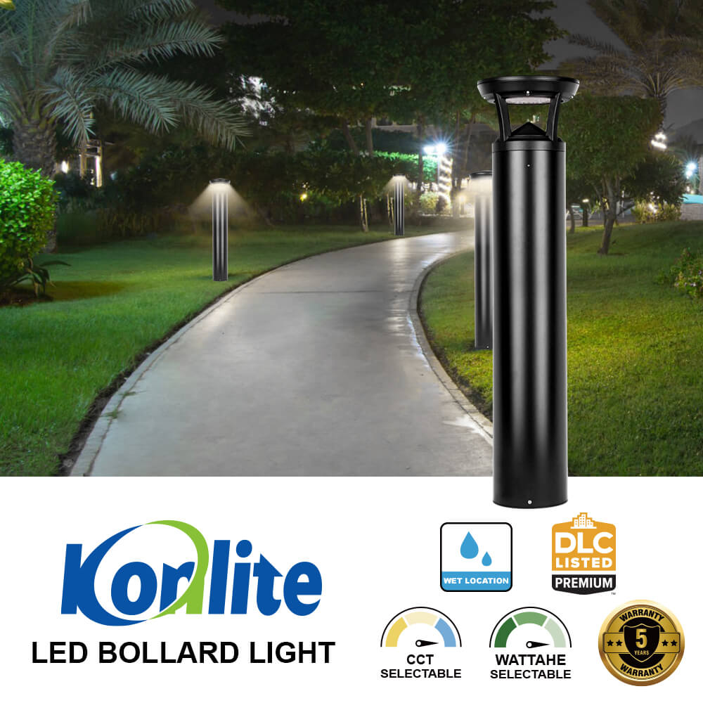 Black LED bollard light on a pathway with greenery at night, featuring Konlite branding and product features.