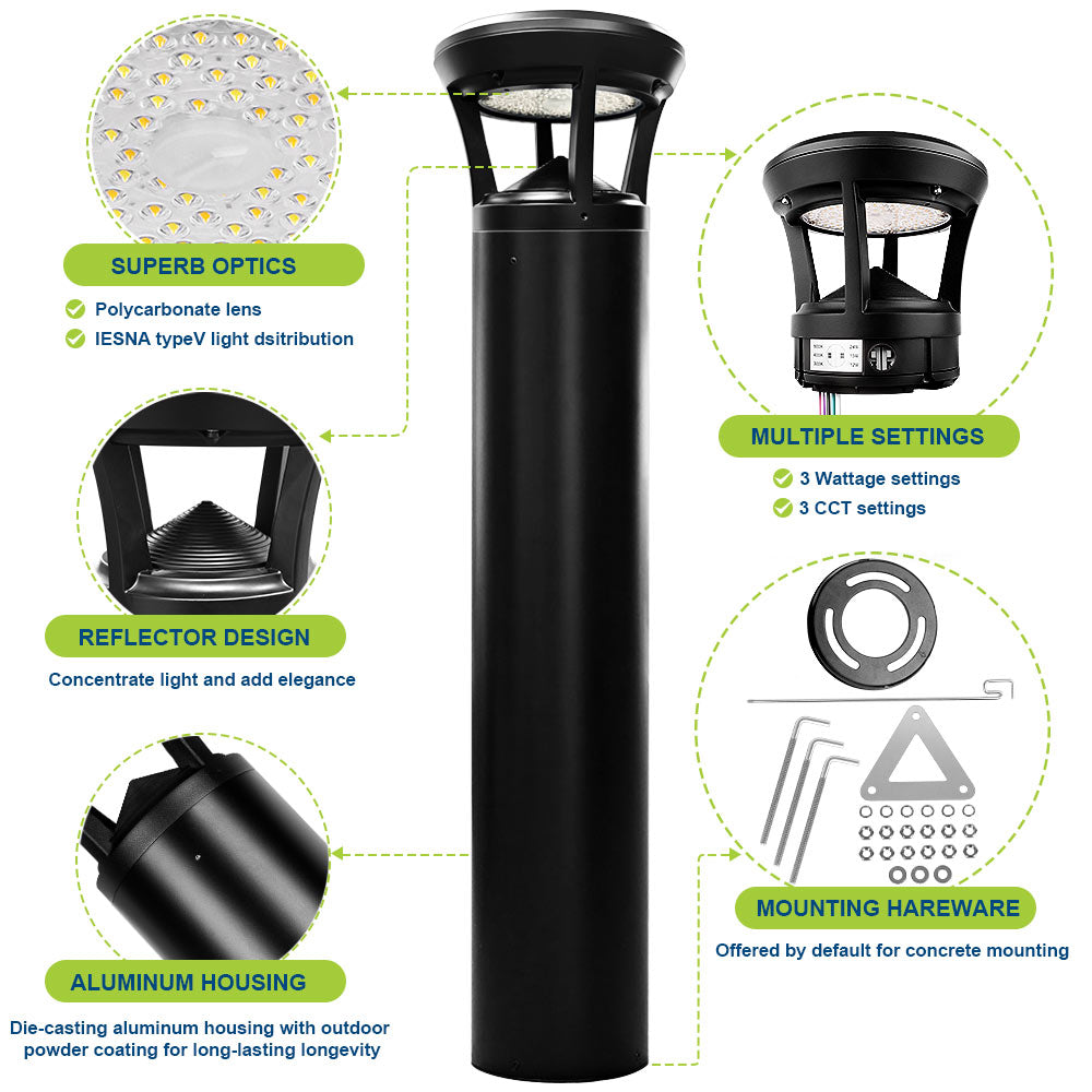 Black LED Bollard light fixture with features highlighted