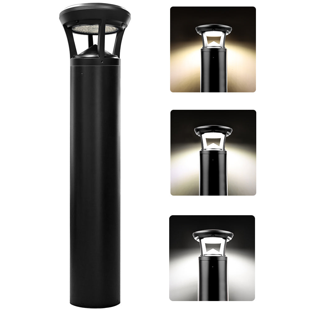 Black LED bollard light fixture with close-up insets showing light