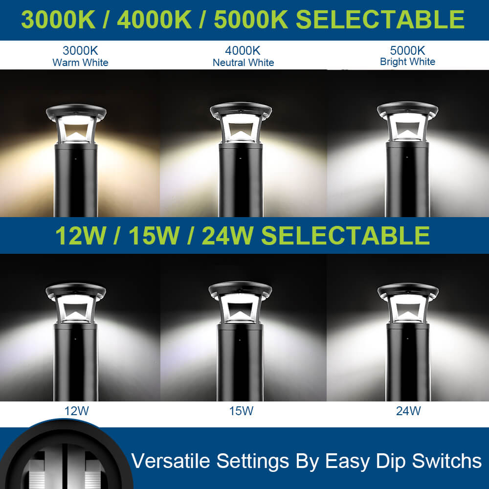 LED bollard light fixture with color temperature and wattage options