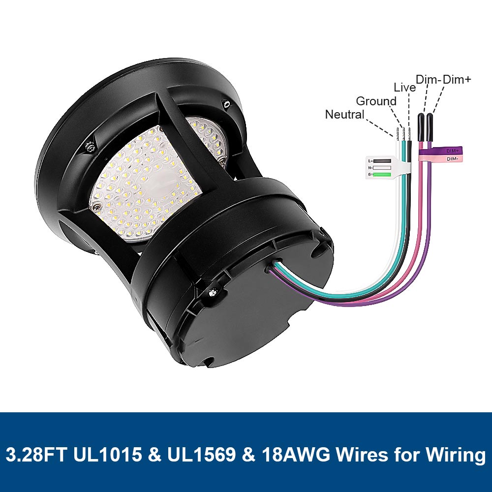 LED light fixture with wiring diagram and color-coded wires on a white