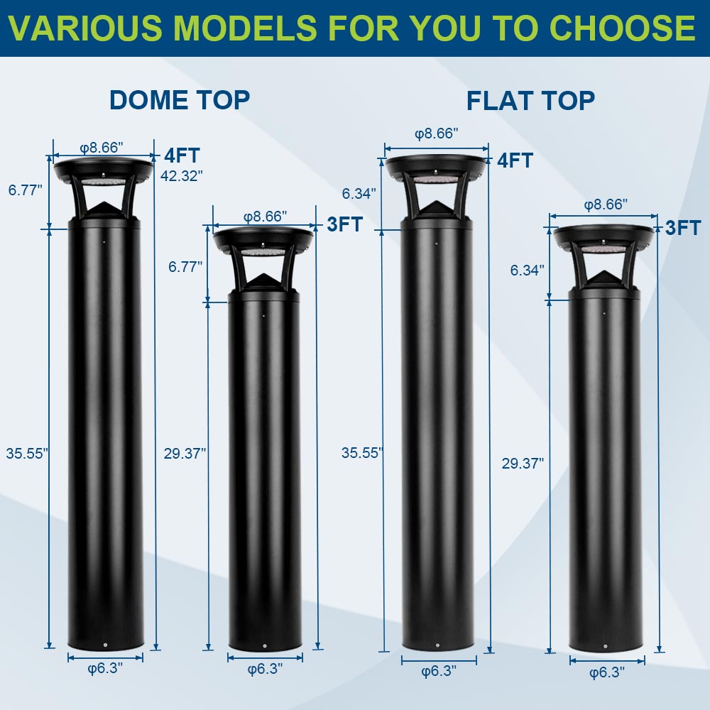 Comparison chart of dome top and flat top LED Bollard light fixture dimensions
