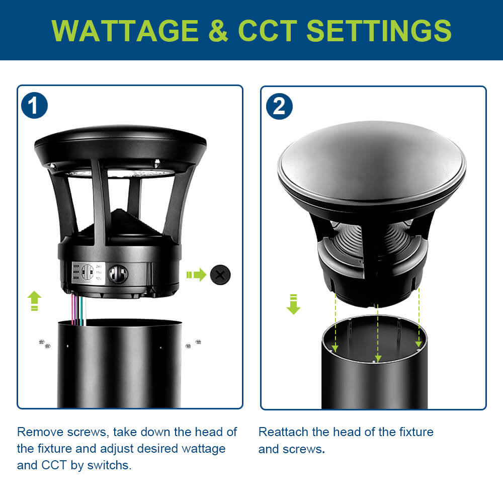 Instructions for adjusting wattage and CCT settings on a LED Bollard Fixtures