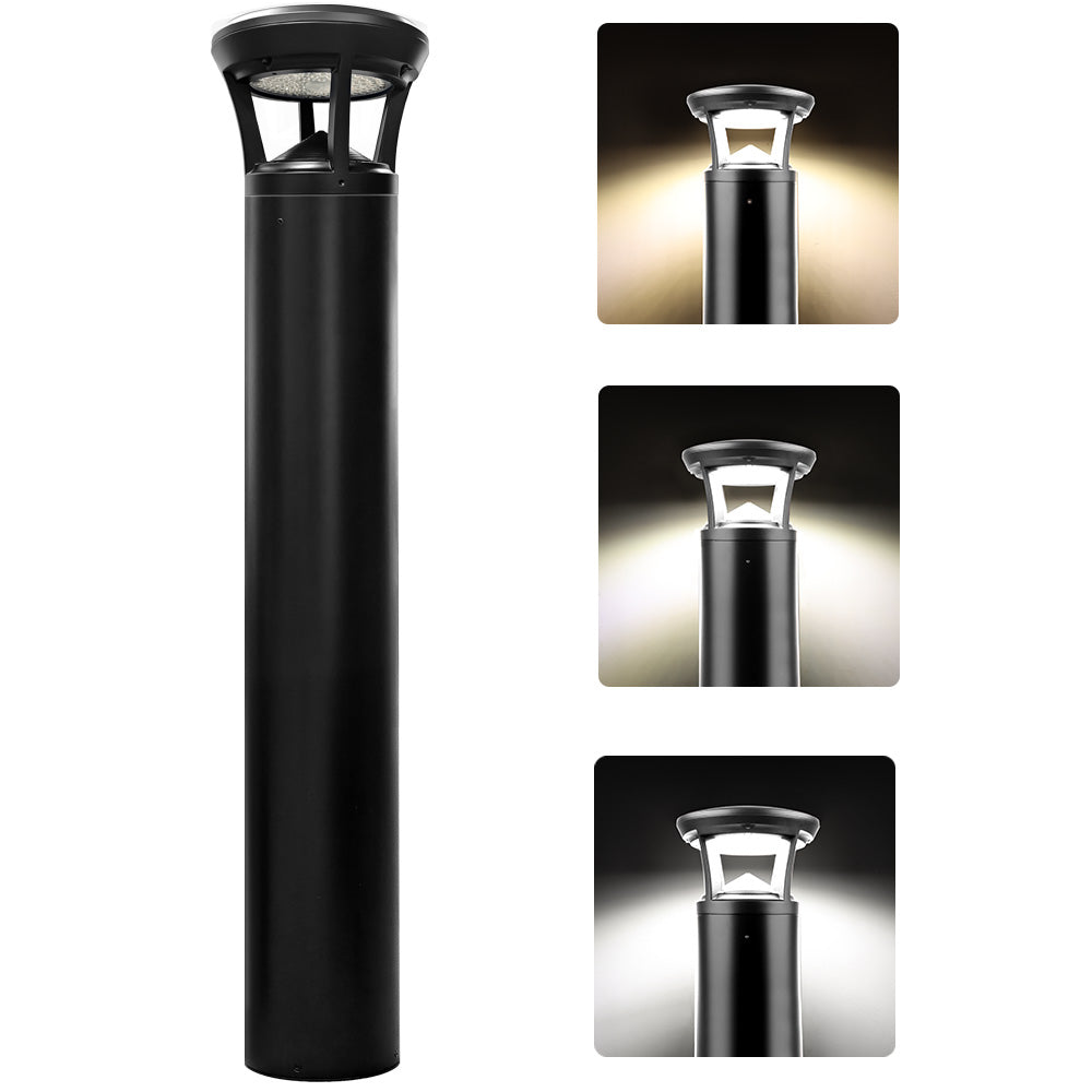 Black LED Bollard light fixture with close-up insets showing different CCT lights