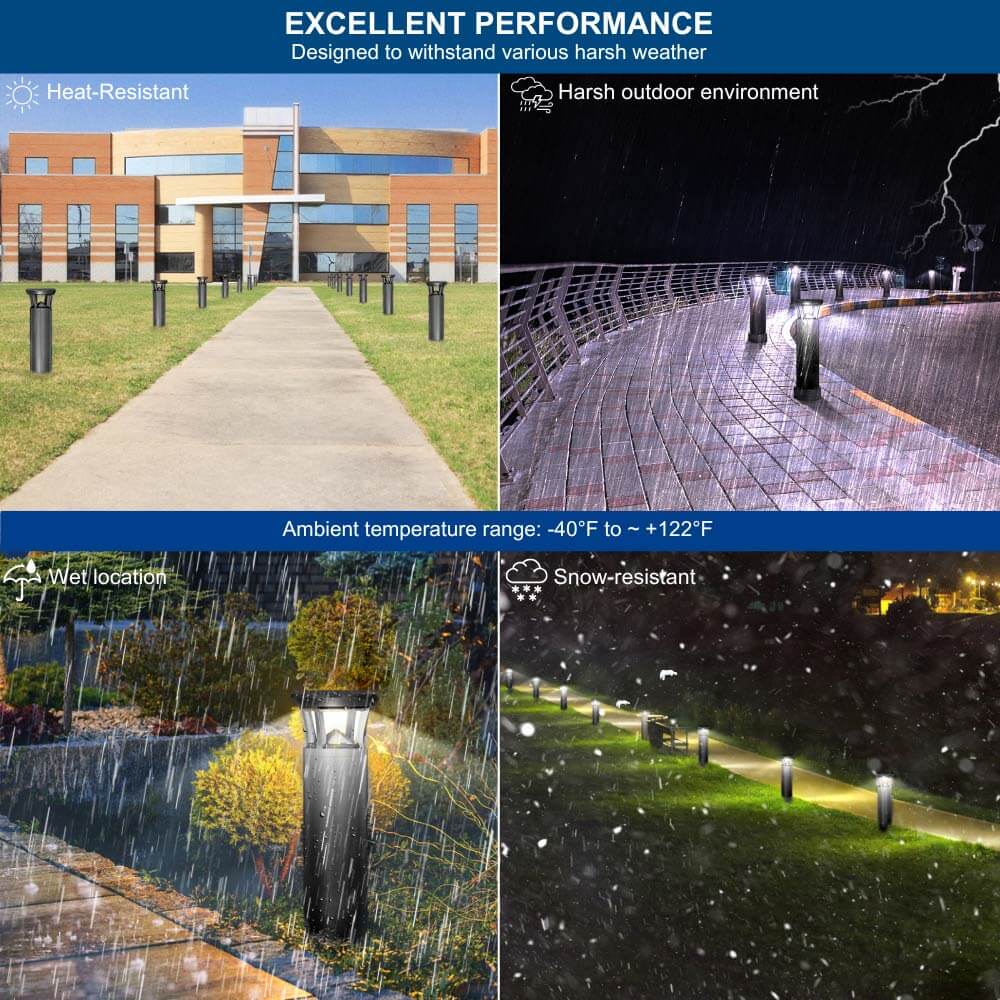 Collage of outdoor led bollard lights in various weather conditions