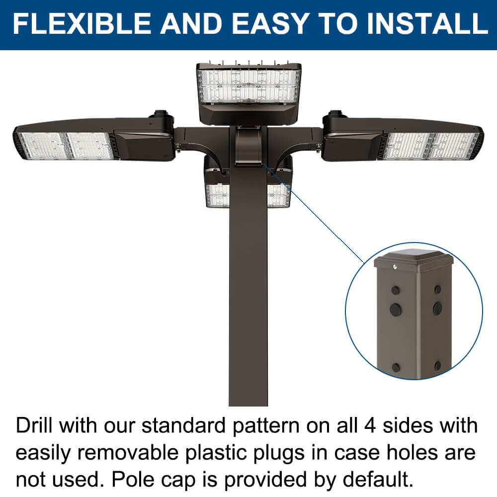 Street light pole with multiple lights and text highlighting flexibility and ease of installation.