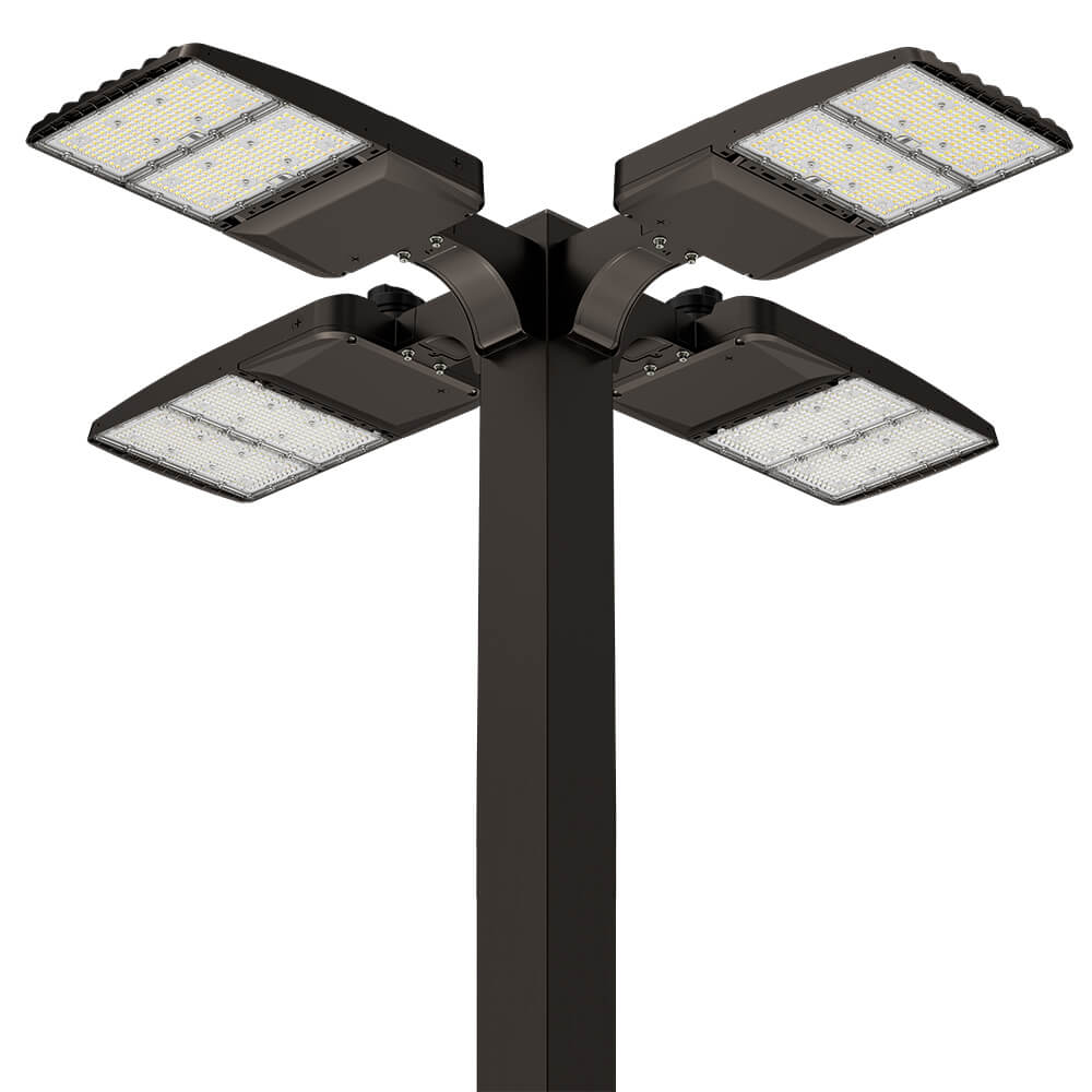 Street light pole with multiple light fixtures on a white background