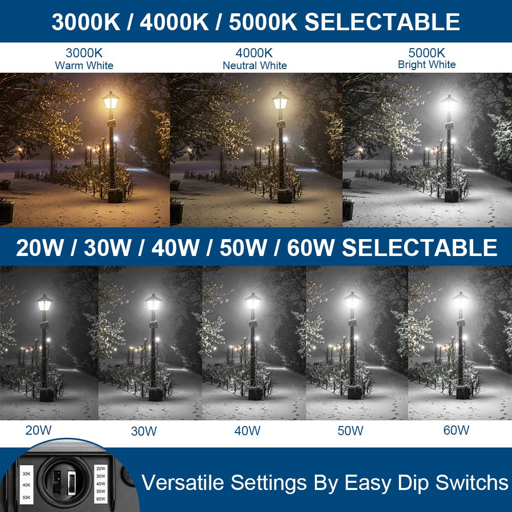 Comparison of 60W Konlite LED Lantern Post Top Lights under different color temperatures and wattages in a snowy outdoor setting.