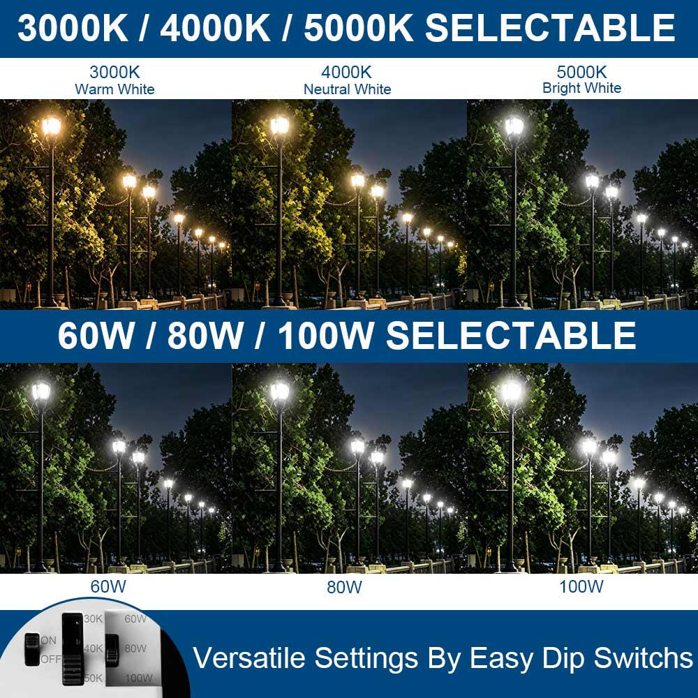 Comparison of 100w KONLITE Acorn LED Post Top Lights with different color temperatures and wattages.