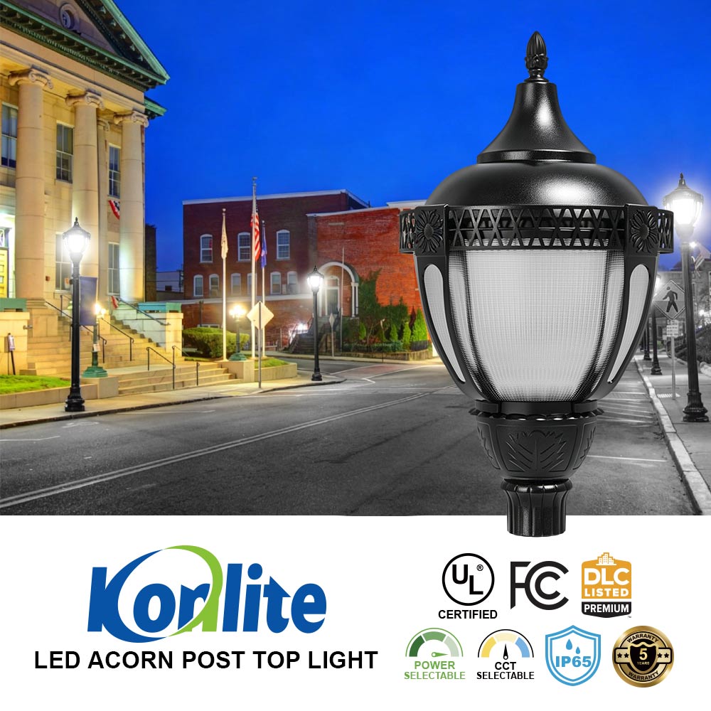 KONLITE Acorn LED Post Top Light - 7,000 lumens - 60W/50W/20W - 5000K/4000K/3000K - 120-277V - 250W Equal - Black Finish