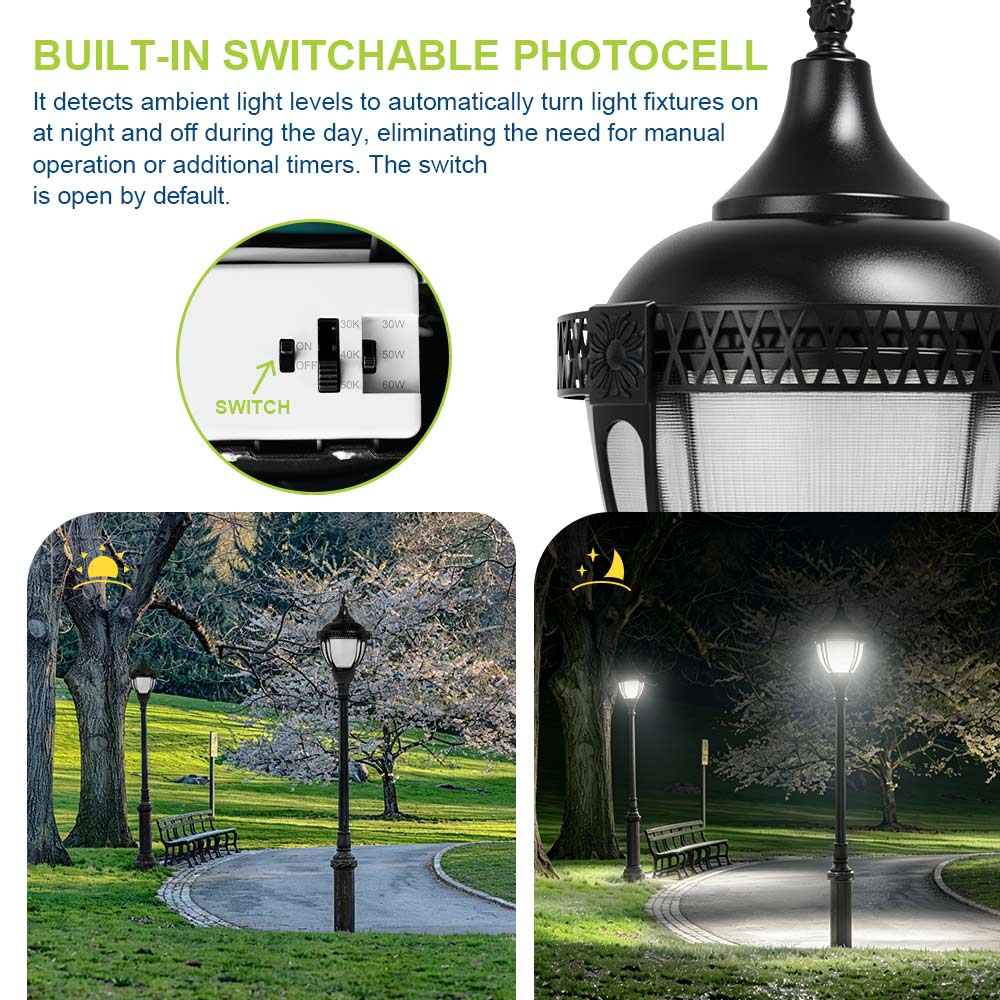 KONLITE Acorn LED Post Top Light - 7,000 lumens - 60W/50W/20W - 5000K/4000K/3000K - 120-277V - 250W Equal - Black Finish
