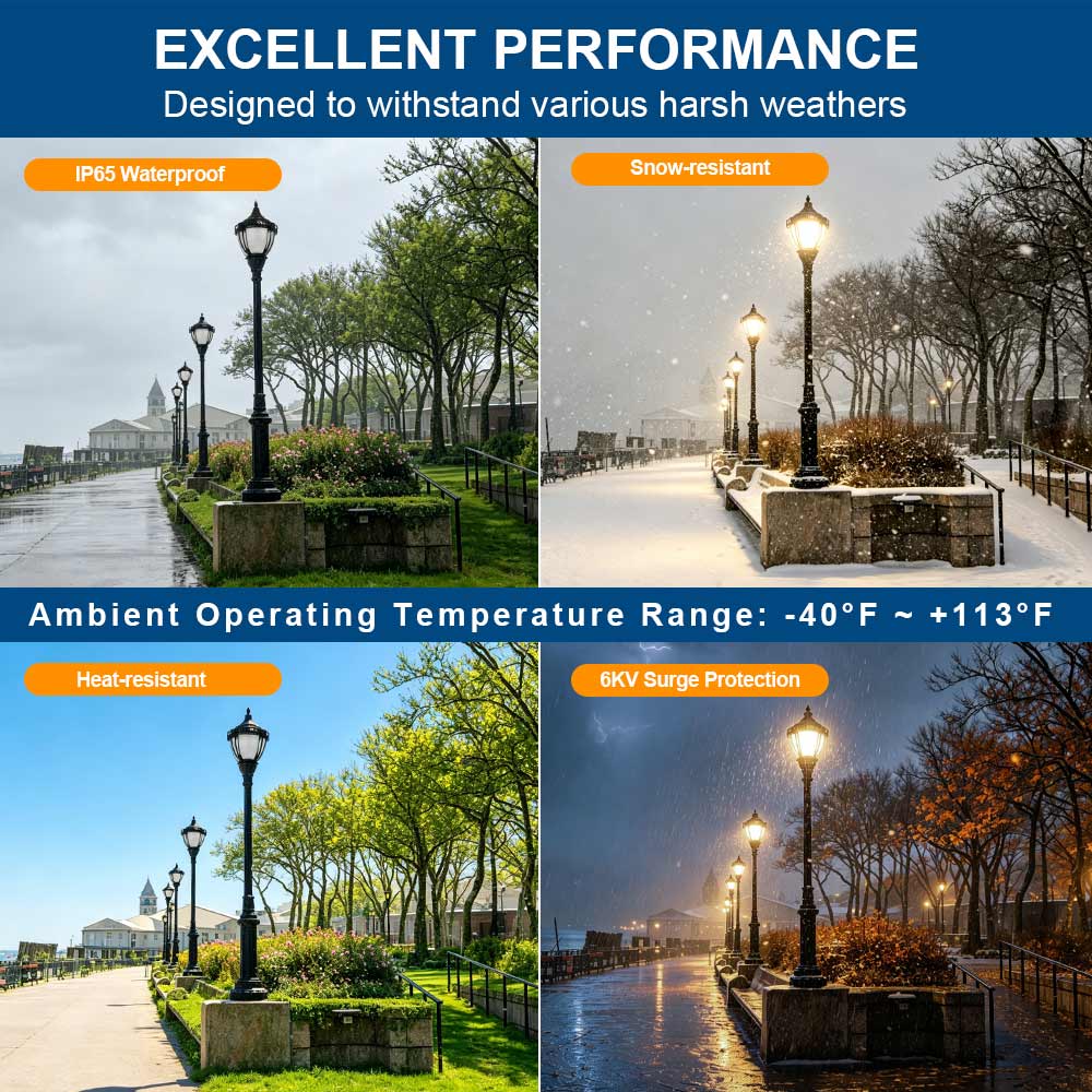 KONLITE Acorn LED Post Top Light - 7,000 lumens - 60W/50W/20W - 5000K/4000K/3000K - 120-277V - 250W Equal - Black Finish