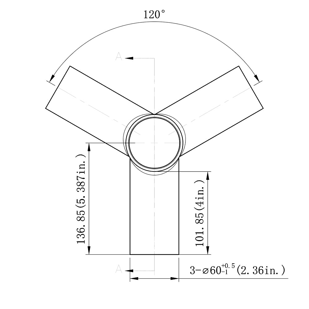 Triple Spoke 120° Tenon Adapter Dimensions