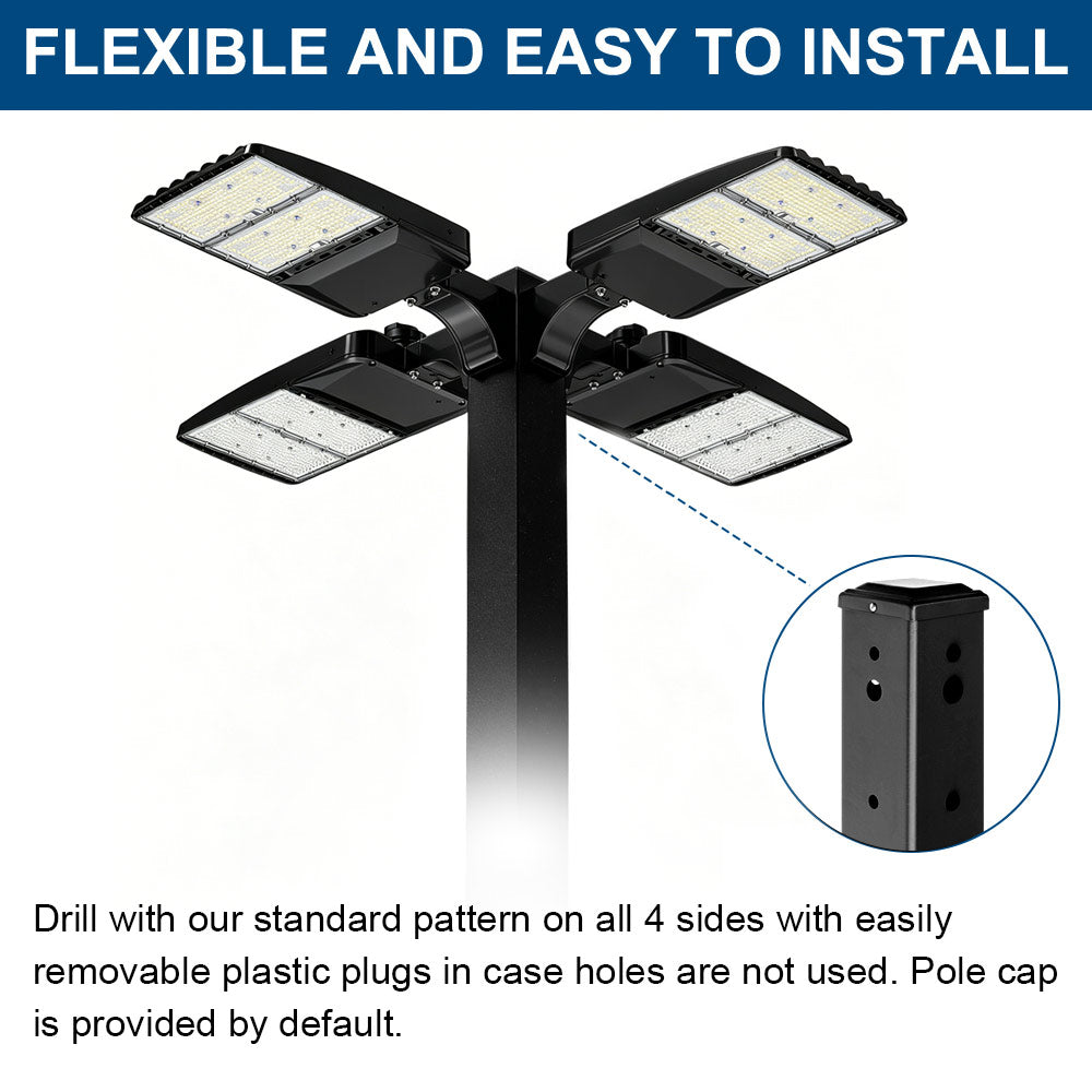 Konlite LED VELA Parking Lot fixture o a Black Square pole