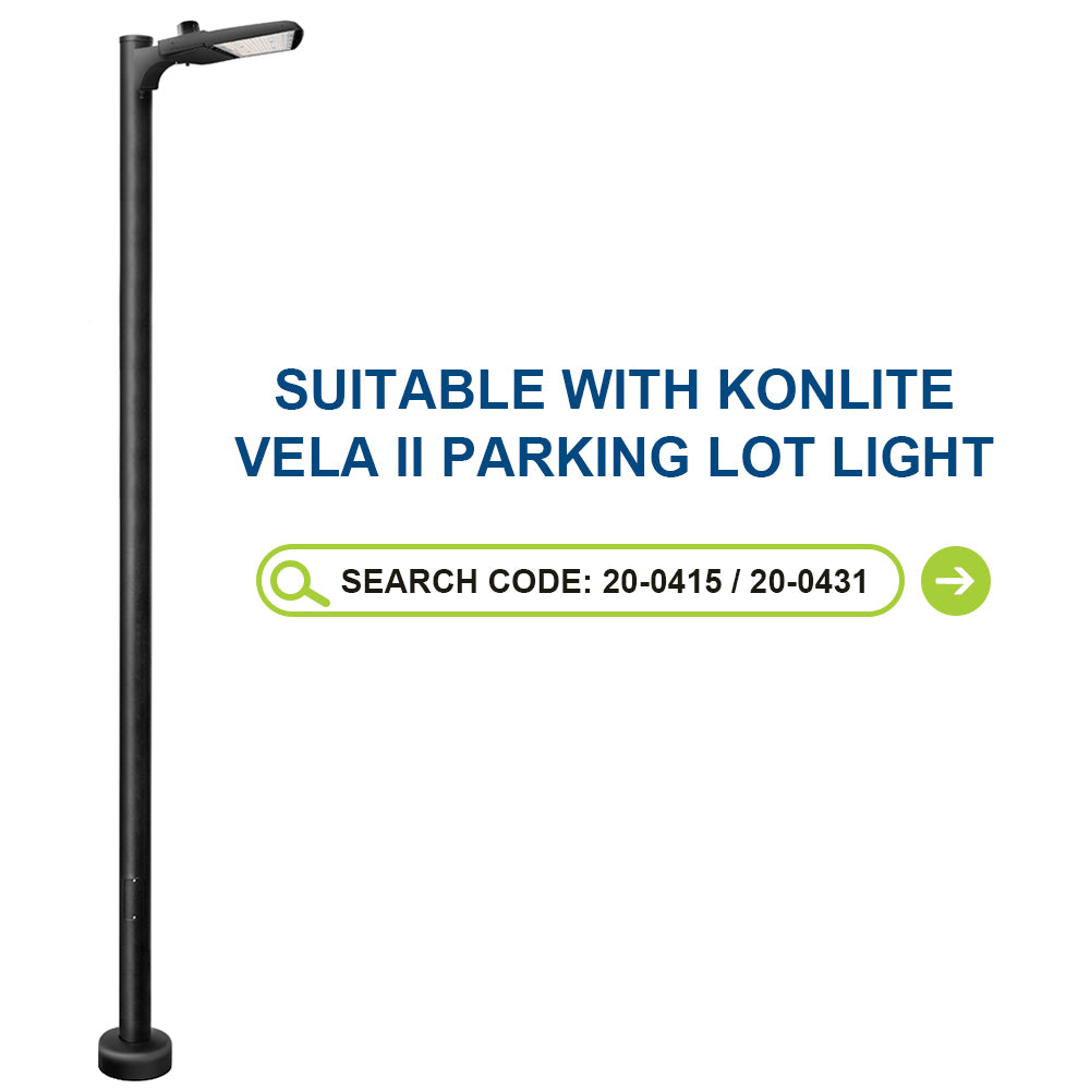 Street light pole with a black lamp with Konlite VELA Product search codes