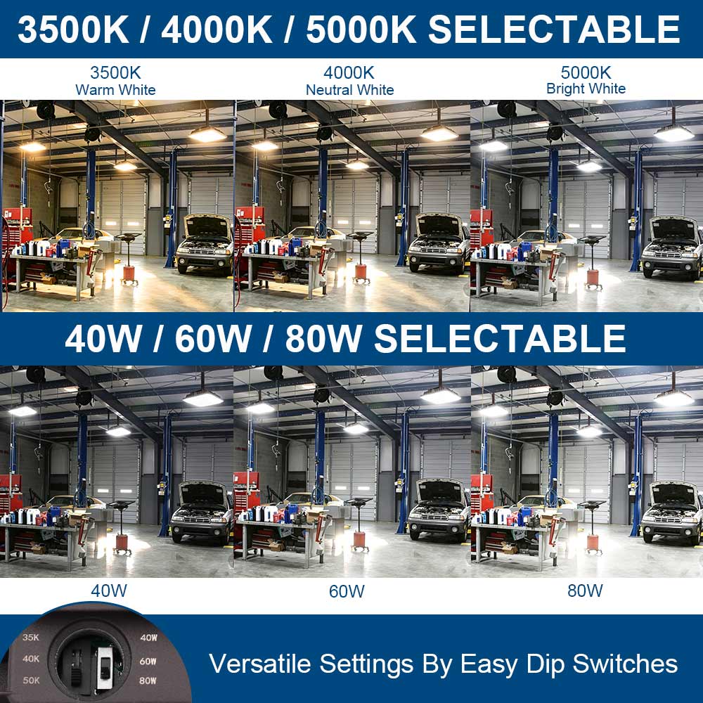 A visual showing the different CCT and brightness / wattage settings for the Konlite CP7 Series LED Canopy Light Fixture side by side.